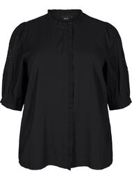 Skjortebluse med flæser og broderi anglaise, Black