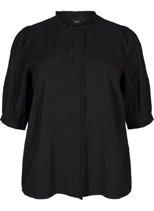 Zizzi Skjortebluse med flæser og broderi anglaise, Black, Packshot image number 0