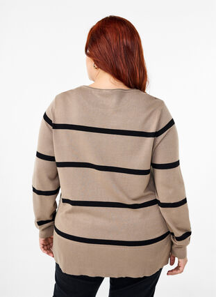 Zizzi Strikket viskosebluse med striber, Desert Taupe Comb, Model image number 1