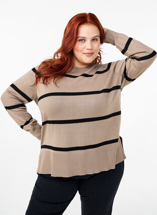 Zizzi Strikket viskosebluse med striber, Desert Taupe Comb, Model image number 0