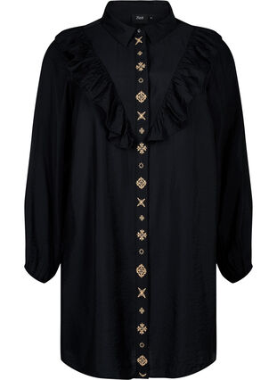 Zizzi Skjortekjole med flæser og broderi, Black, Packshot image number 0