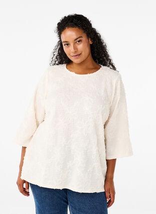 Zizzi Bluse med 3/4 ærmer og 3D blomster, Warm Off-white, Model image number 0