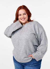 Strikbluse med rund hals og midtersøm, Light Grey Melange, Model