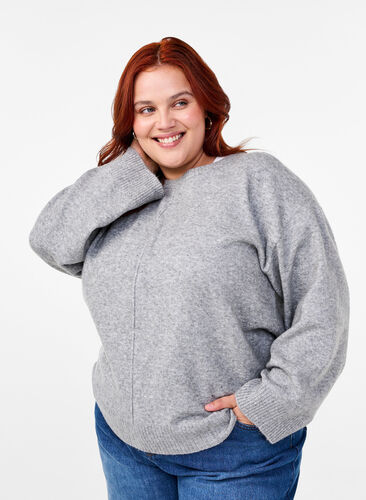 Zizzi Strikbluse med rund hals og midtersøm, Light Grey Melange, Model image number 0