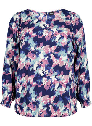 Zizzi FLASH - Langærmet bluse med smock og print, Evening Blue Water, Packshot image number 0