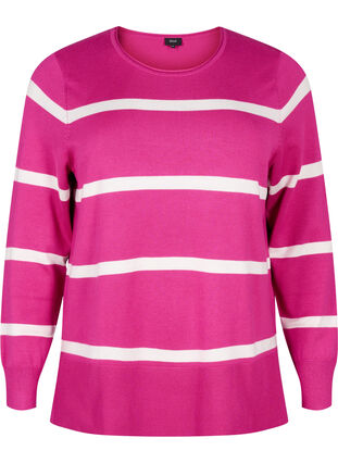 Zizzi Strikket viskosebluse med striber, Fuchsia Red Comb, Packshot image number 0