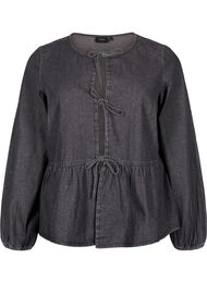 Peplum bluse i denim med bindelukning, Dark Grey Denim