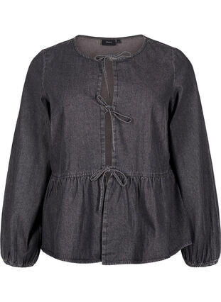 Zizzi Peplum bluse i denim med bindelukning, Dark Grey Denim, Packshot image number 0