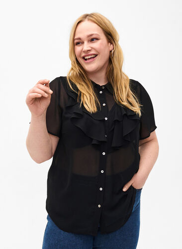 Zizzi Kortærmet skjortebluse med flæser, Black, Model image number 0