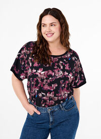 Løs t-shirt med blomsterprint, Black Purple Fl. AOP, Model