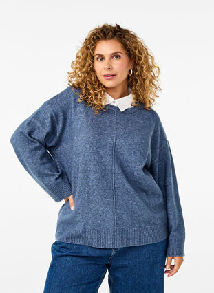 Zizzi Strikbluse med rund hals og midtersøm, Bering Sea Mel., Model image number 0