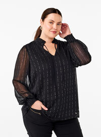 Mønstret chiffonbluse med bindebånd, Black, Model