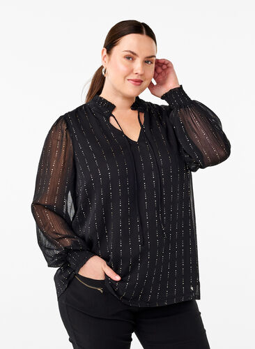 Zizzi Mønstret chiffonbluse med bindebånd, Black, Model image number 0