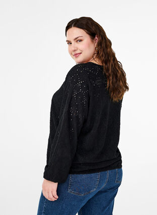 Zizzi Langærmet bluse med v-hals og hulmønster, Black, Model image number 1