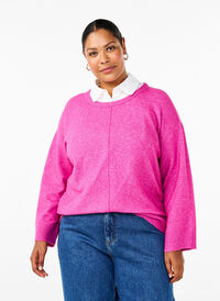 Strikbluse med rund hals og midtersøm, Fuchsia Red Mel., Model