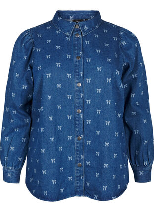 Zizzi Denimskjorte med sløjfer, Denim Blue W. Wh.Bow, Packshot image number 0