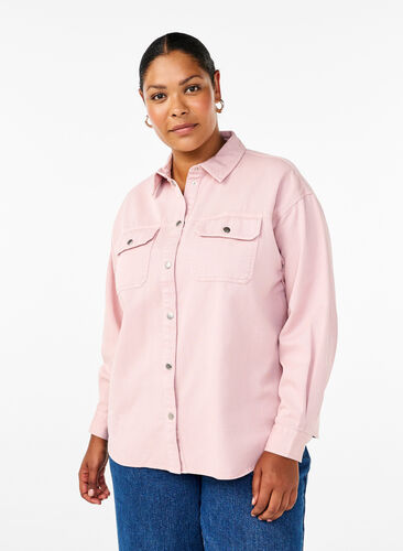 Zizzi Ensfarvet denimskjorte med brystlommer, Pale Mauve, Model image number 0