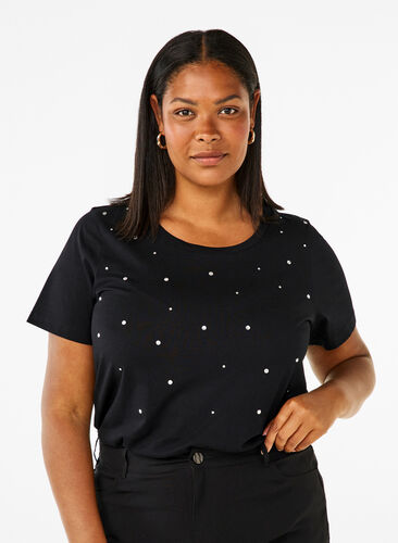 Zizzi T-shirt i bomuld med similisten, Black, Model image number 0