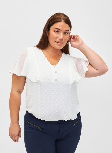 Zizzi Bluse med prikket tekstur og korte ærmer, Bright White, Model image number 0