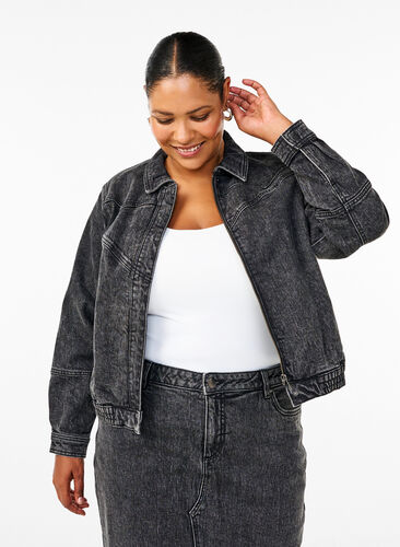 Zizzi Denimjakke med skjult lynlås, Dark Grey Denim, Model image number 0